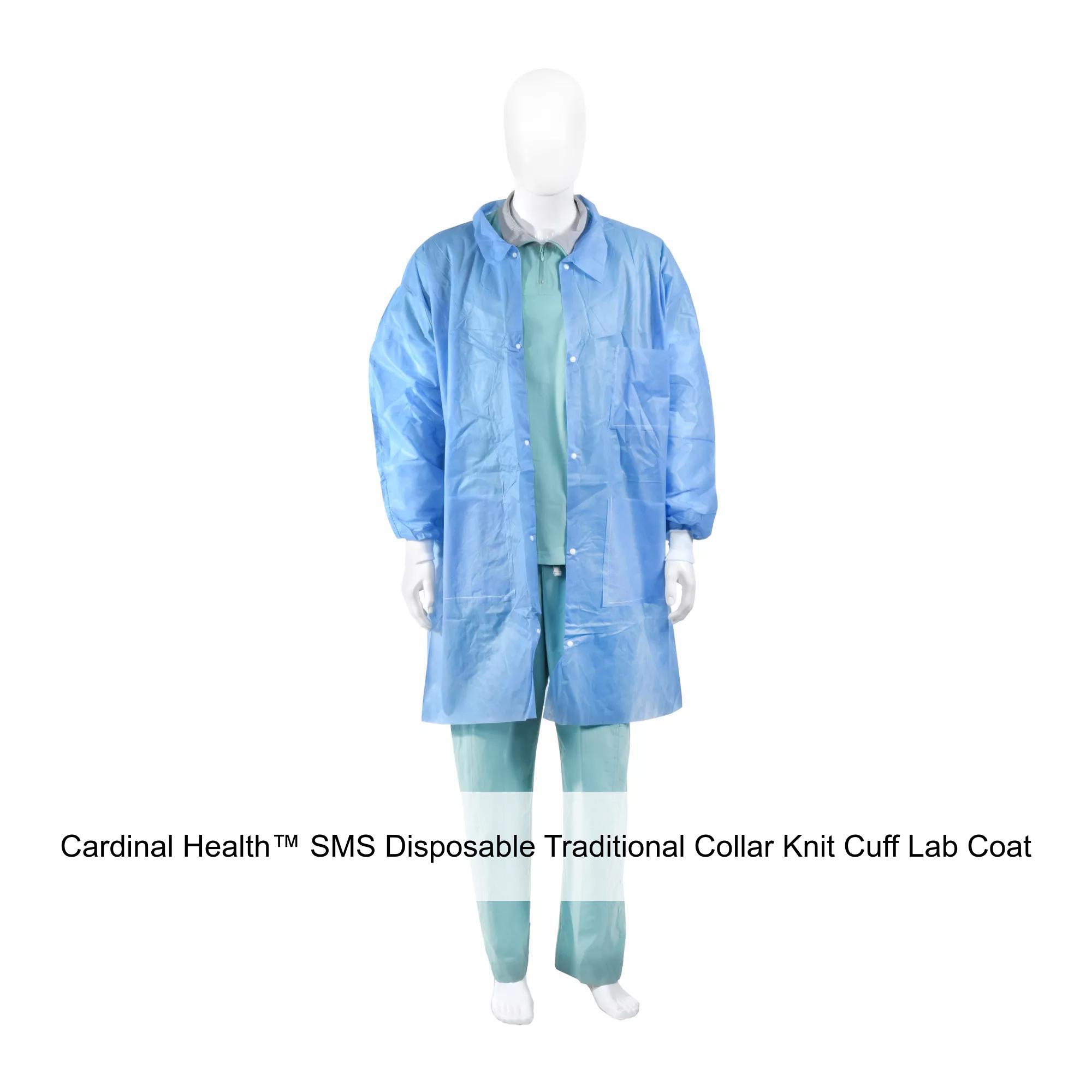 Cardinal Health™ SMS Disposable Traditional Collar Knit Cuff Lab Coat, Blue, 2X-Large
