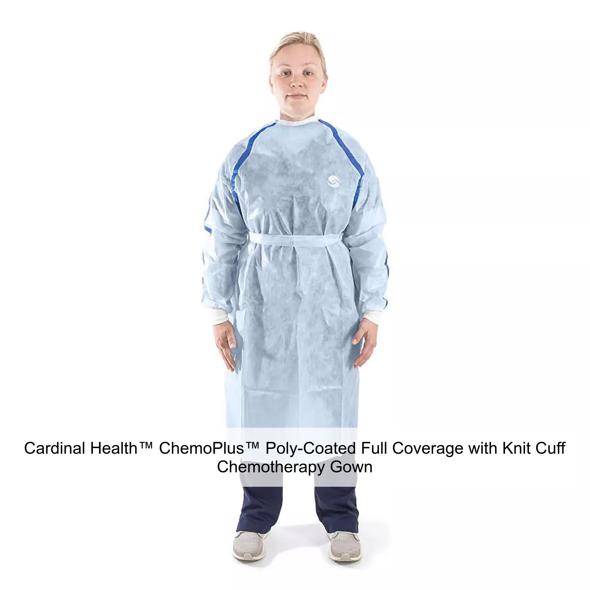 Cardinal Health™ ChemoPlus™ Poly-Coated Full Coverage with Knit Cuff Chemotherapy Gown, Full-Back, Sterile, Blue, Medium